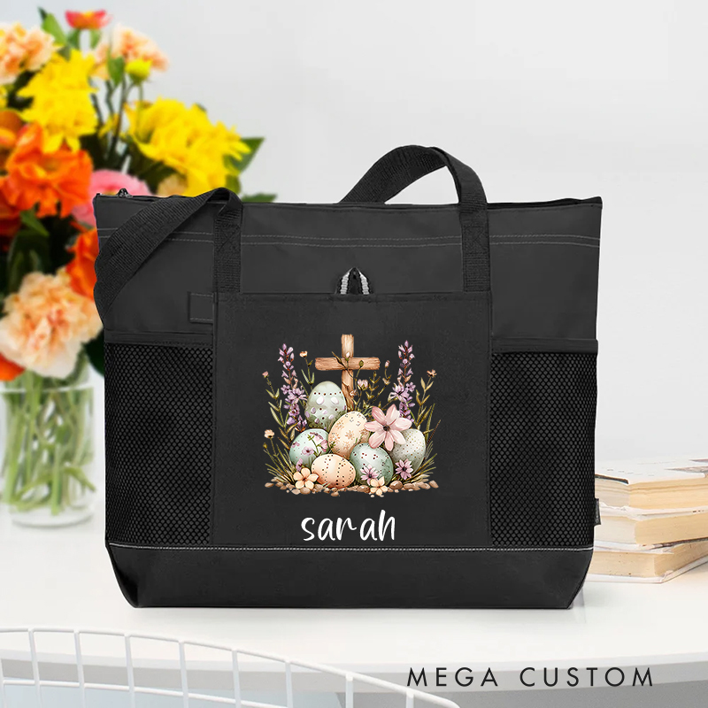 Personalized Easter Eggs Floral Cross Zipper Tote Bag with Name and Mesh Pocket Prayer Day Easter Storage Holiday Gift for Women Christian