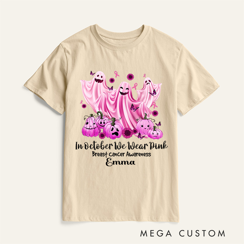Personalized in October We Wear Pink Breast Cancer Awareness T-Shirt Ghost Haunted Pumpkin Halloween Gift