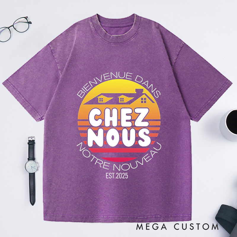 Personalized Custom EST Chez Nous T-Shirt Retro Sunset Housewarming New Home Celebration