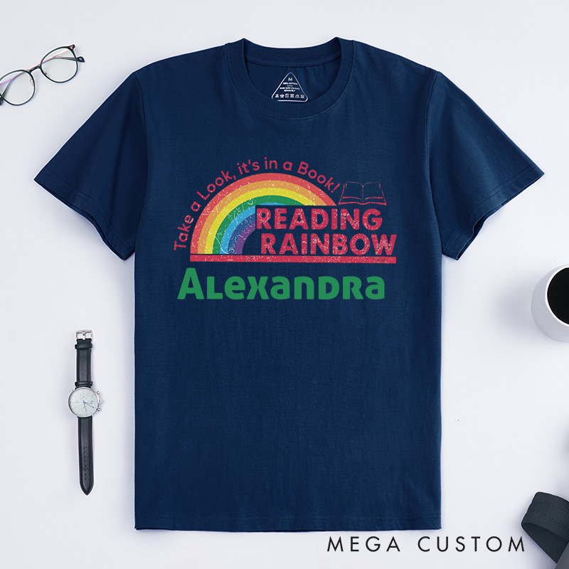 Personalized Reading Rainbow Classic T-shirt for Librarian, Take a Look It's in a Book Shirt Retro Librarian Tee with Name Book Lover Gift