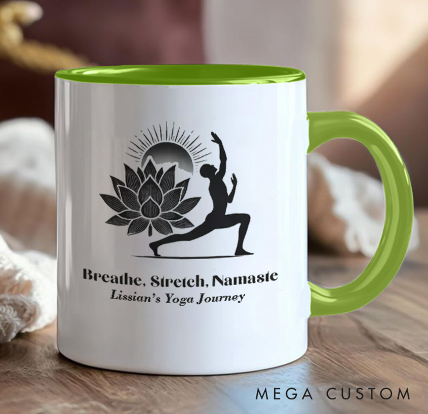 Personalized Yoga Mug – Elegant Lotus & Warrior Pose Design, Custom Name Option, Perfect Gift for Yoga Enthusiasts and Mindfulness Lovers