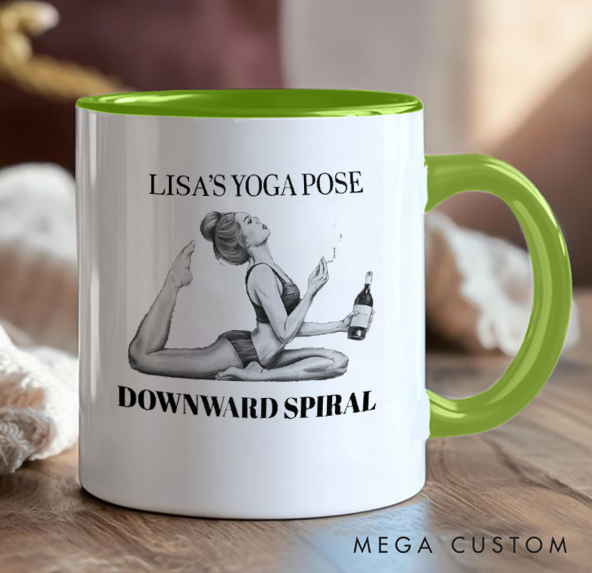 Personalized Funny Yoga Mug Can Custom Name, Humorous "Downward Spiral" Design, Perfect Gift for Yoga Lovers