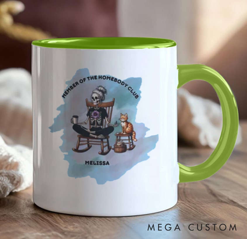 Personalized Homebody Club Mug – Funny Skeleton & Cat Design, Custom Name Option, Perfect Gift for Yoga & Relaxed Lifestyle Lovers