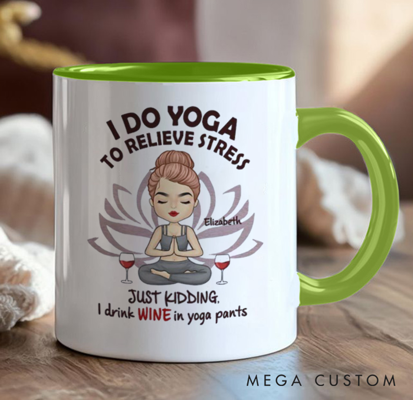 Personalized Yoga Mug Can Custom Name, Humorous "I Do Yoga... Just Kidding, I Drink Wine" Design, Perfect Gift for Yoga & Wine Lovers
