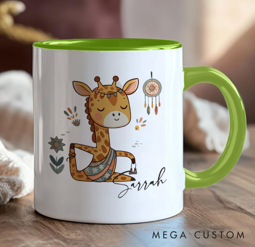 Personalized Yoga Giraffe Mug Cute Meditative Design with Dreamcatcher Can Custom Name Perfect Gift for Animal & Yoga Lovers
