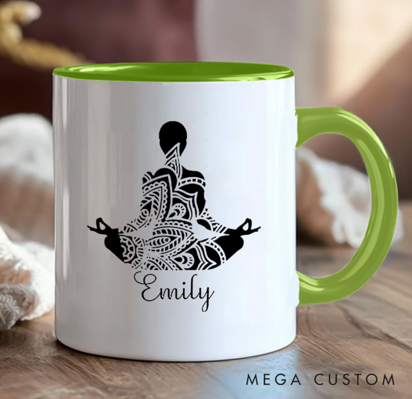 Personalized Yoga Mug Elegant Mandala Meditation Design Custom Name Perfect Gift for Mindfulness & Yoga Enthusiasts