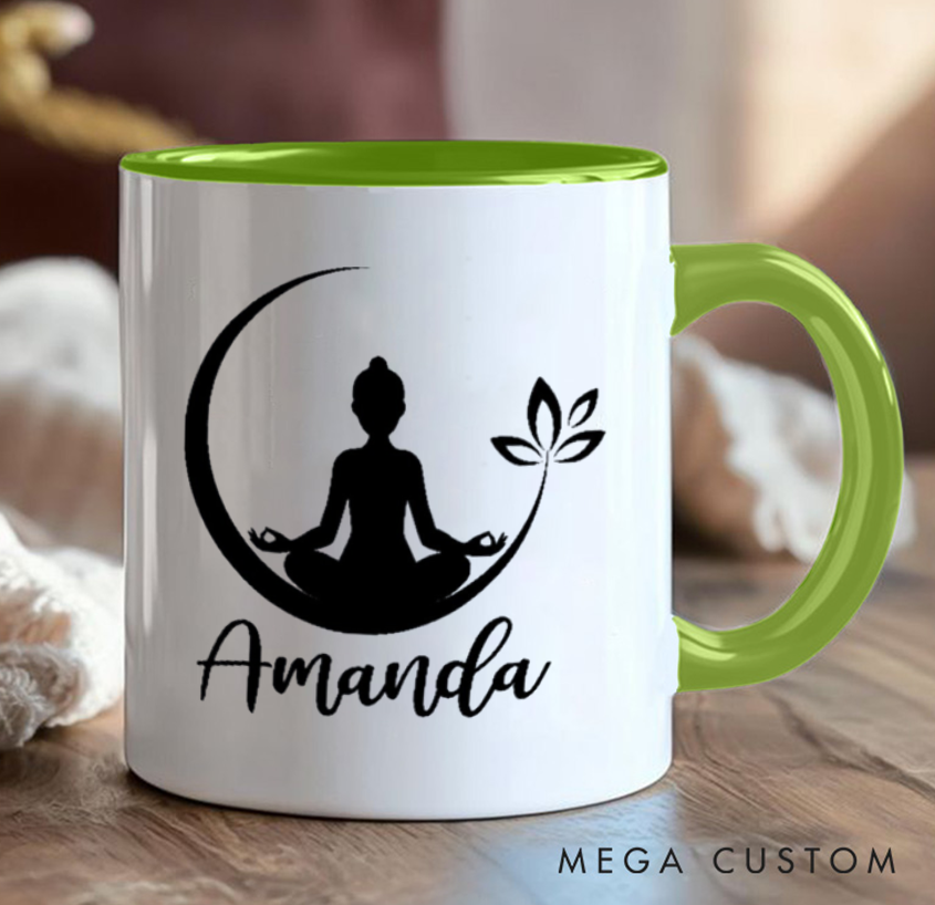 Personalized Yoga Mug Minimalist Meditation Design with Moon & Leaf Custom Name Perfect Gift for Yoga & Mindfulness Lovers