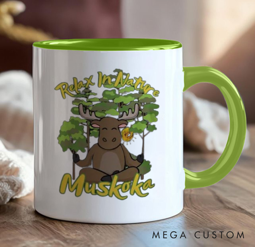 Personalized Yoga Mug with Cute Moose and Forest Design Custom Place Name Perfect Gift for Nature Lovers and Yoga Lovers