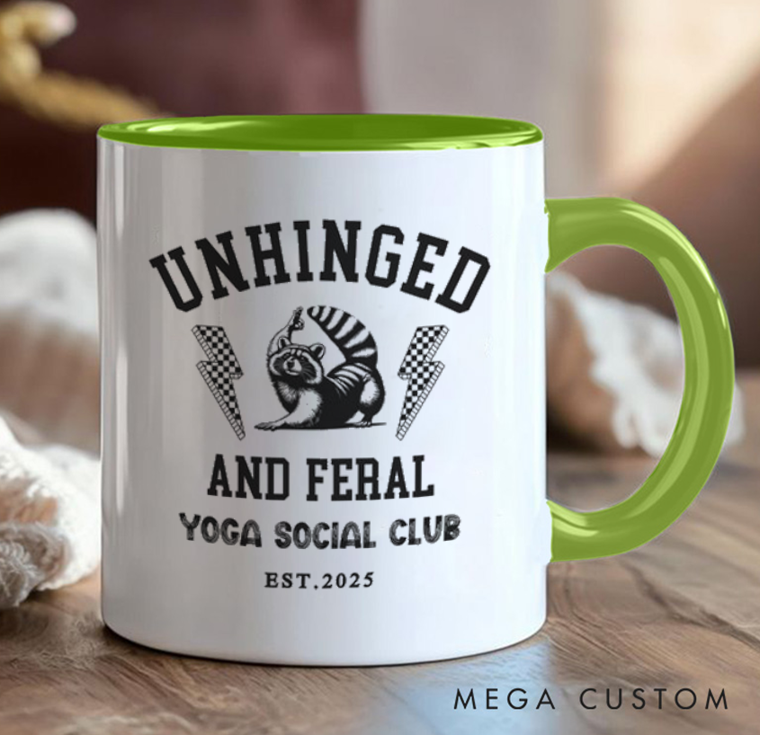 Personalized Yoga Mug with The Words "Crazy Wild Yoga Social Club" Printed on It Funny Raccoon Mug Custom Name Perfect Gift for Yoga Lovers