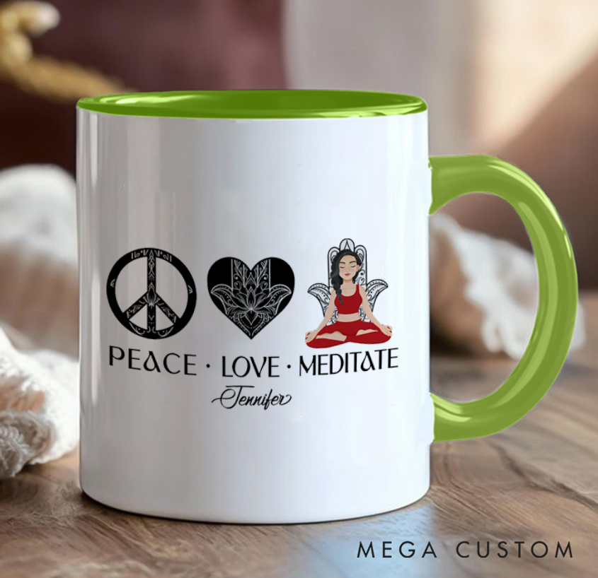Personalized Yoga mug "Peace Love and Meditate" Zen-Inspired Design Custom Name Perfect Gift for Yoga, Meditation and Mindfulness Enthusiasts