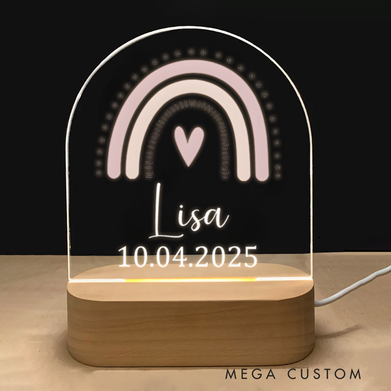 Personalized Rainbow Illustration with Name and Date for a Cheerful and Warm Nursery Glow Baby Night Lamp