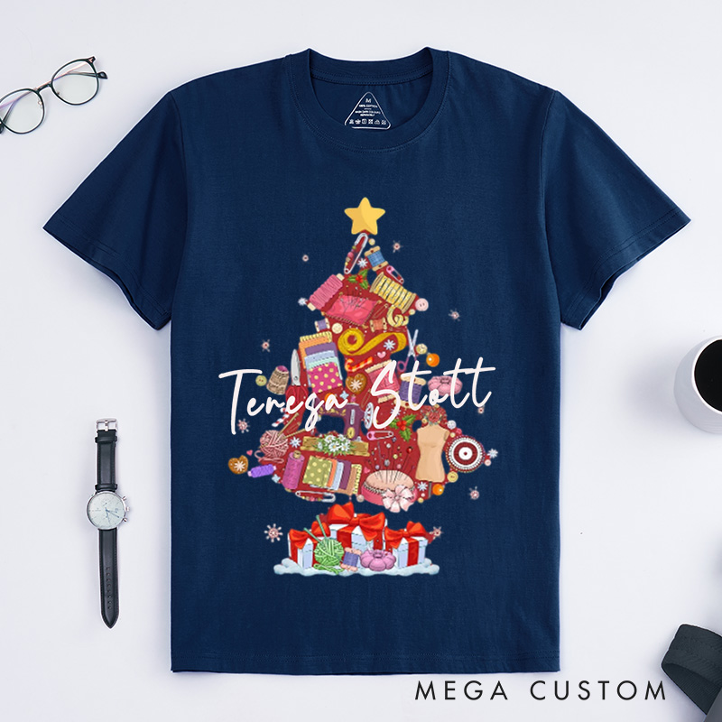 Personalized Sewing Machine Christmas Tree Classic T-Shirts Quilting Shirt Sewing Lover T-Shirt Christmas Tailor Gift Sewing Christmas Shirt
