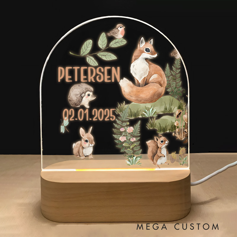 Personalized Woodland Animal Illustration Featuring Squirrel and Name for a Nature Inspired Nursery Glow Baby Night Lamp