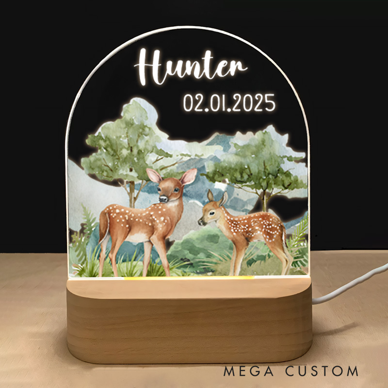 Personalized Deer Illustration with Name Date and Forest Accents for a Serene and Enchanting Nursery Glow Baby Night Lamp
