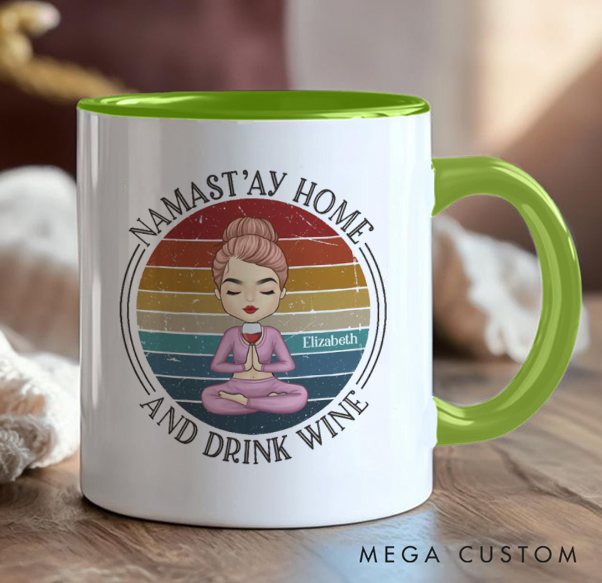 Personalized Yoga Mug Funny "Namast'ay Home and Drink Wine" Design with Retro Style Custom Name Perfect Gift for Yoga and Wine Lovers