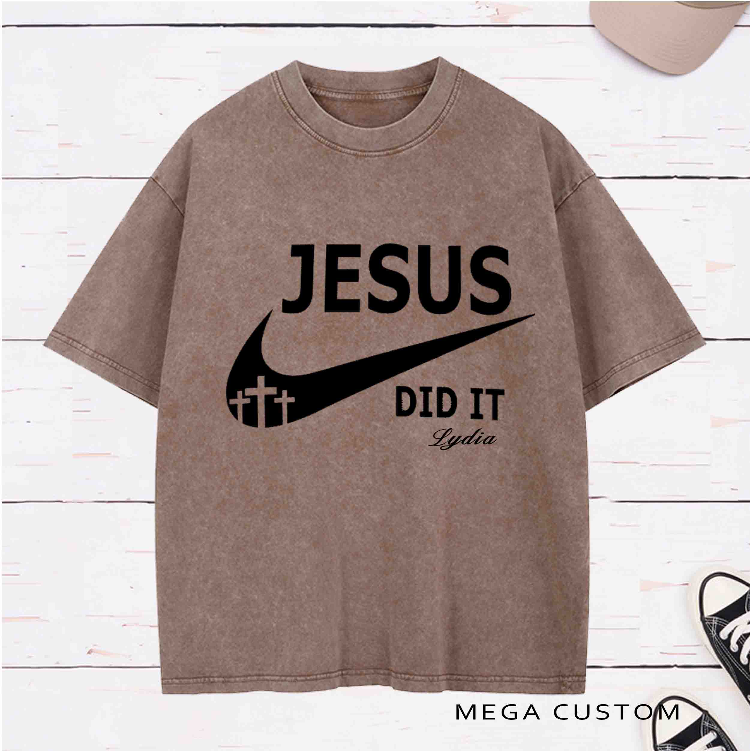 Personlized Character Bible Verse Jesus Did It and Christian Cross Printed Washed T-Shirt with Name Birthday Baptism Gift for Christian   