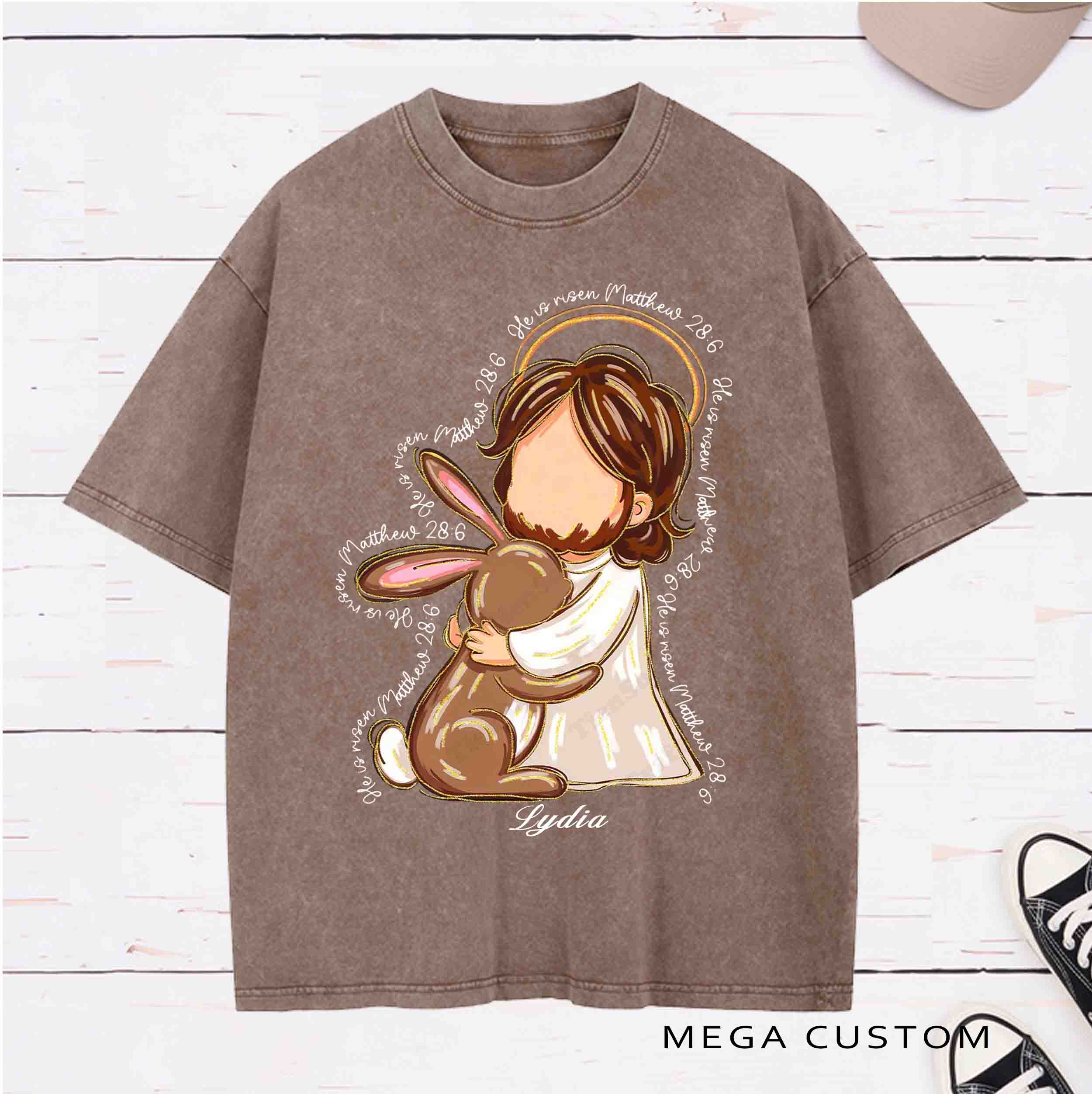 Personalized Character He Is Risen Washed T-Shirt with Name Birthday Easter Gift for Christian