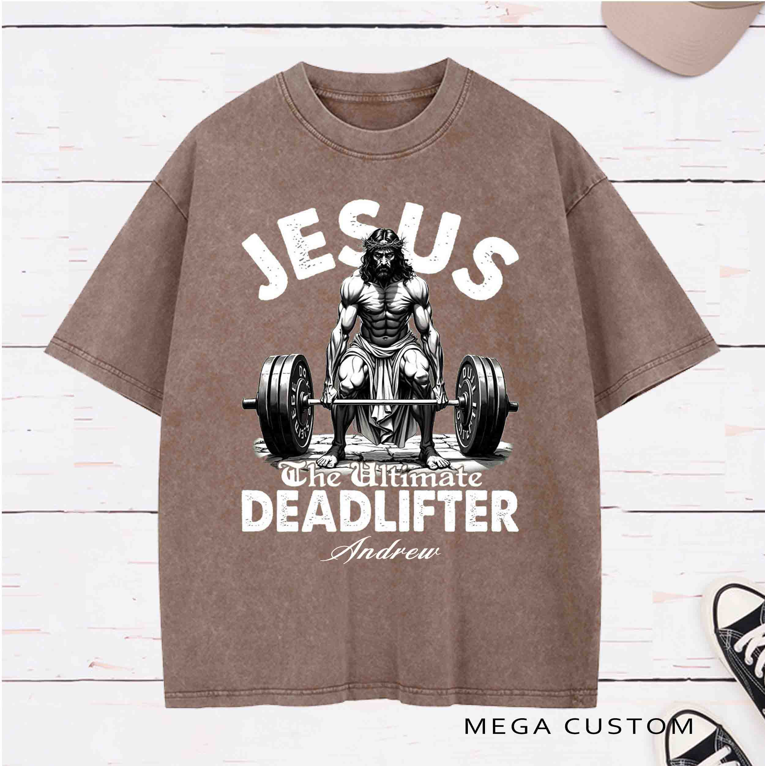 Personalized Character Jesus The Ultimate Deadlifter Washed T-Shirt with Name Birthday Easter Gift for Christian