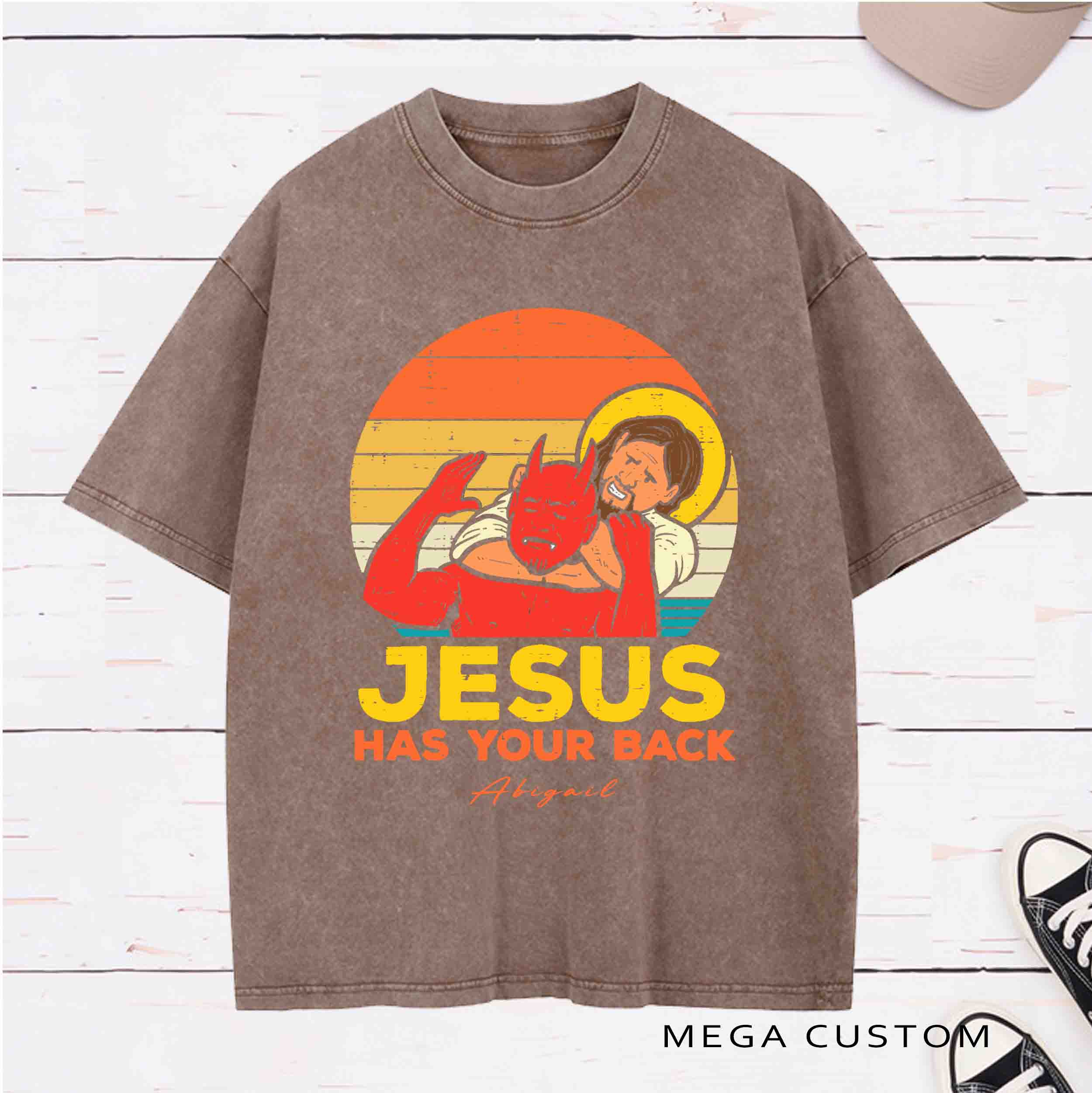 Personalized Character Jesus Has Your Back Washed T-Shirt with Name Birthday Easter Gift for Christian