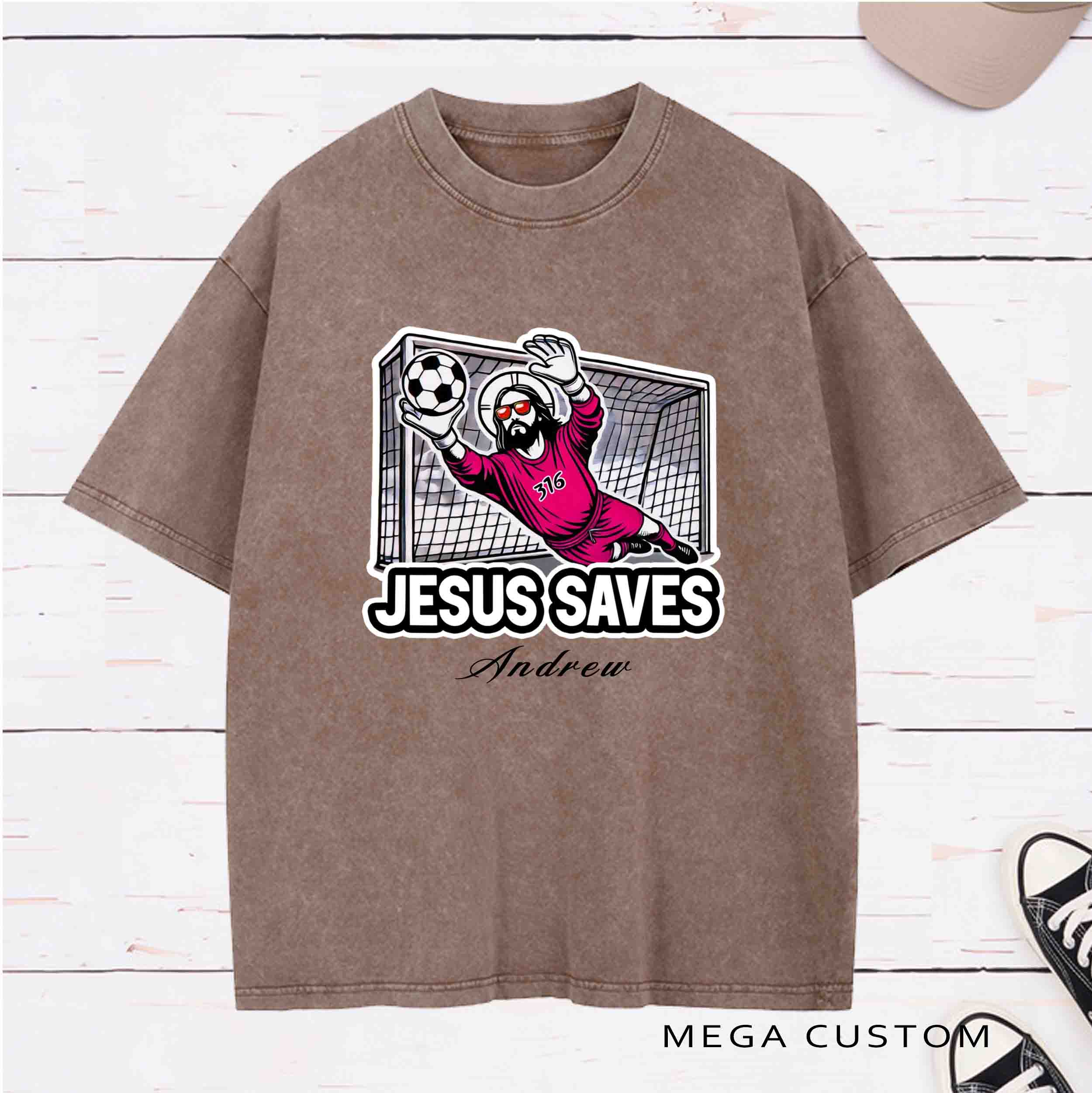 Personalized Character Jesus Saves Washed T-Shirt with Name Birthday Easter Gift for Christian