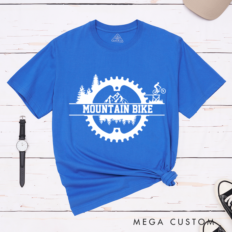 Personalized Mountain Bike Adventure T-Shirt with Forests Cyclist Silhouette for Outdoor Adventures Riding Cycling Biking Enthusiasts