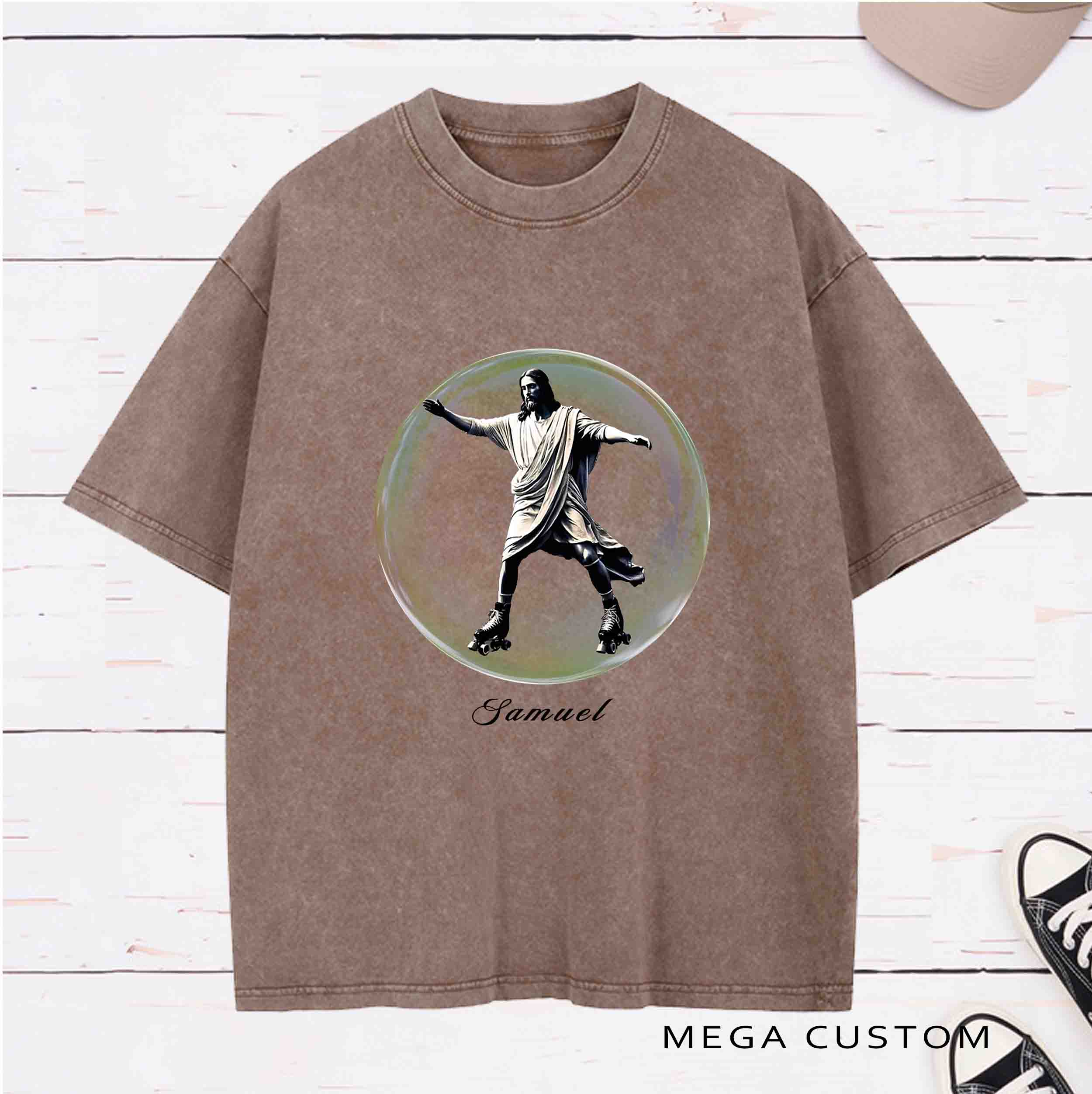 Personalized Character Jesus learning to rollerskate Washed T-Shirt with Name Birthday Easter Gift for Christian