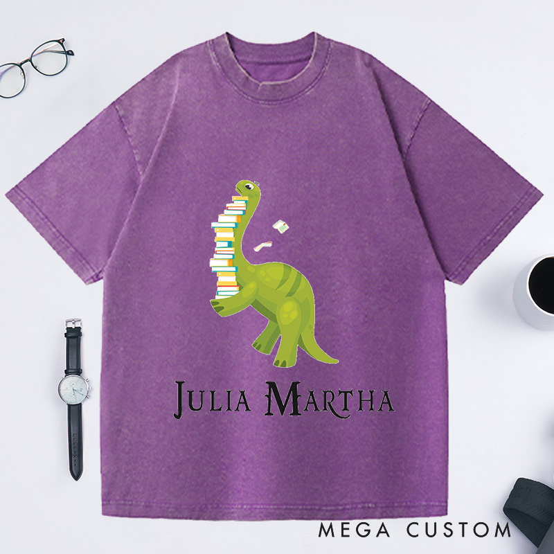Personalized Dinosaur Reading Washed T-Shirts Book Lover Shirt Read T-Shirts Librarian Shirt Reader Reading Gift