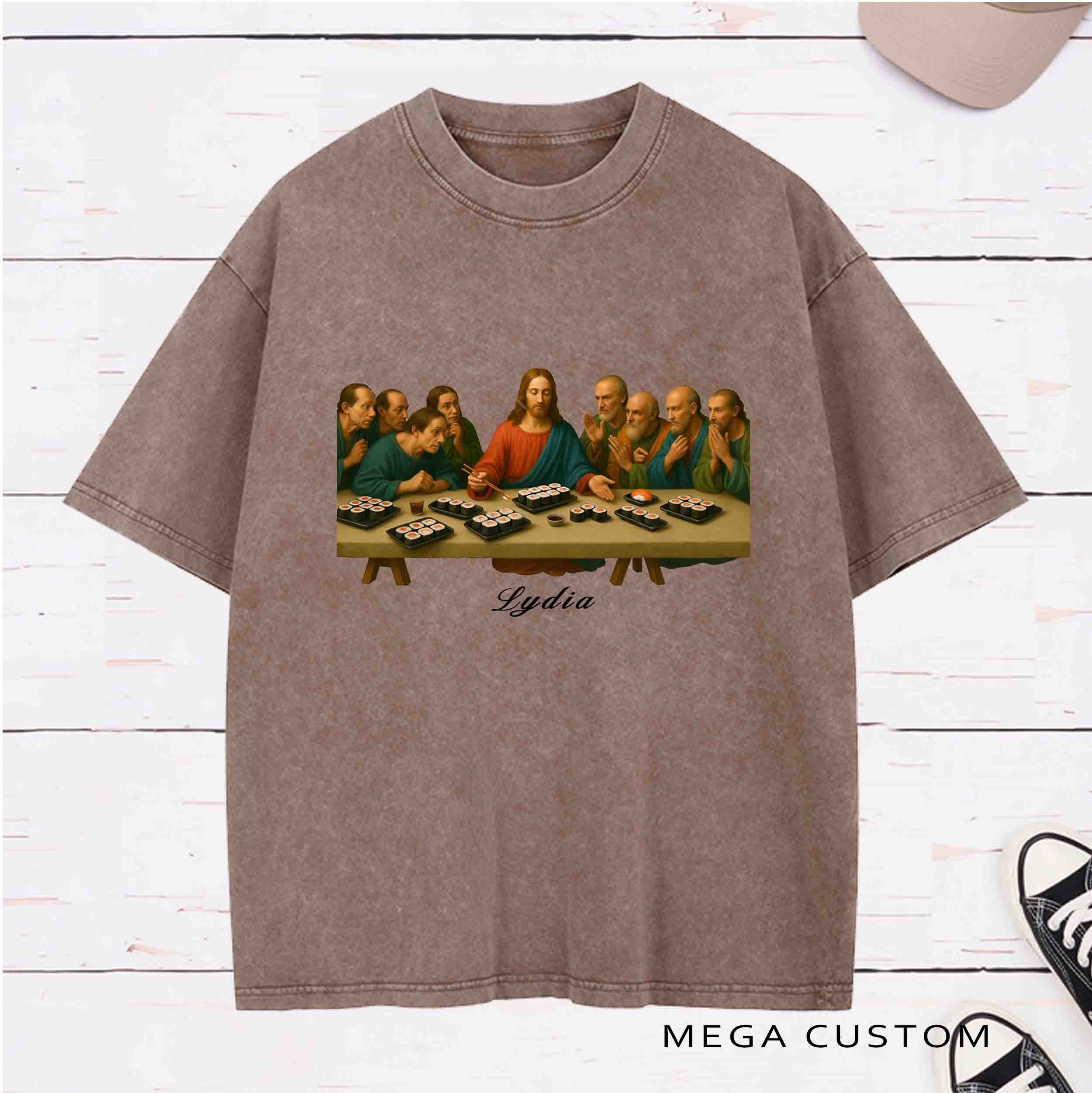 Personalized Character The Last Sushi Supper Washed T-Shirt with Name Birthday Easter Gift for Christian