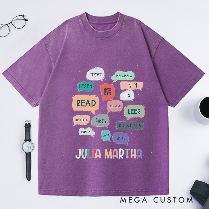 Personalized Reading World Languages Washed T-Shirts Library Professional Tee Book Lover Gift Reading Fans Shirt