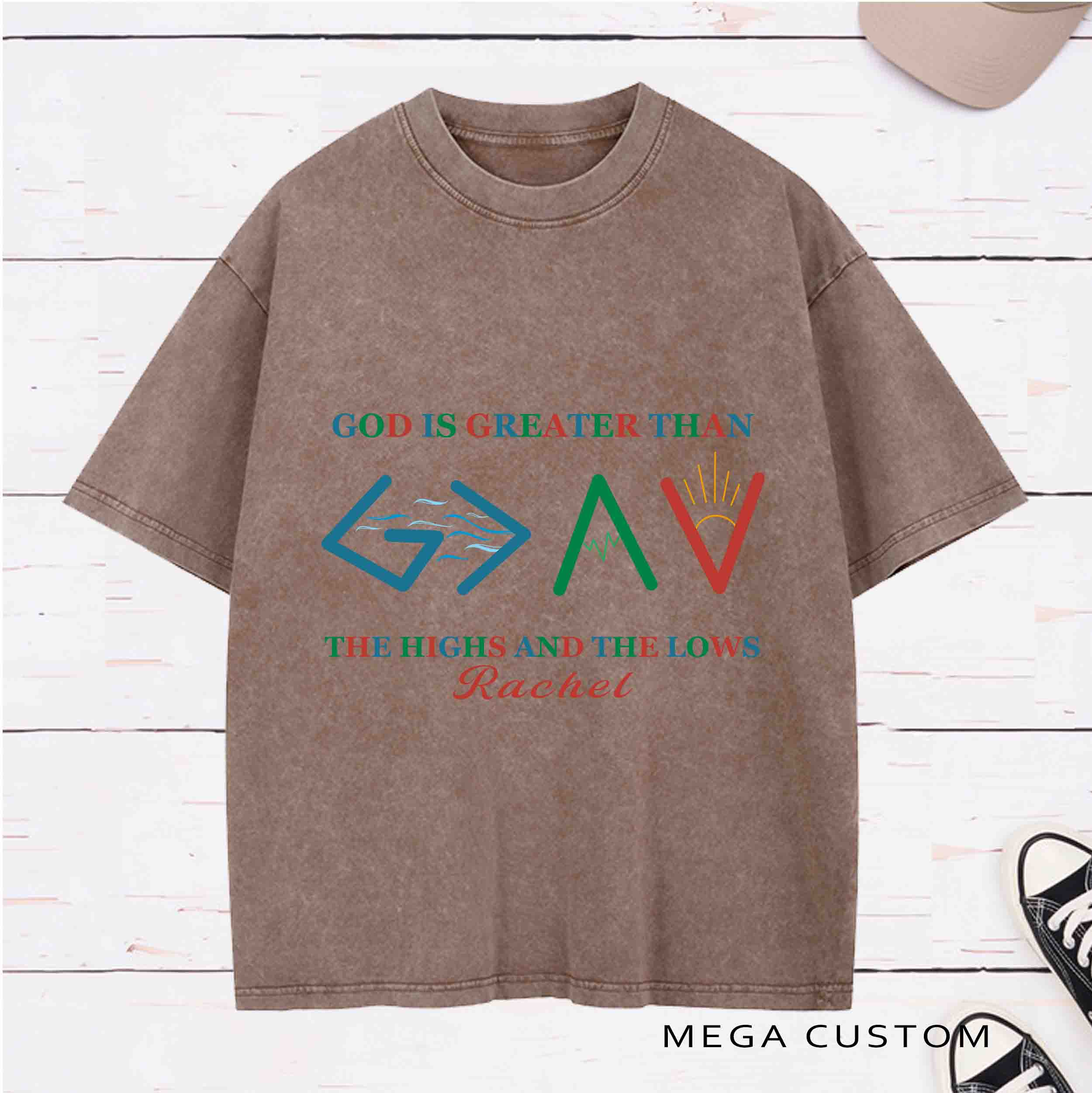 Personalized Character Bible Verse God Is Greater Than the Highs and The Lows Washed T-Shirt with Name Birthday Easter Gift for Christian