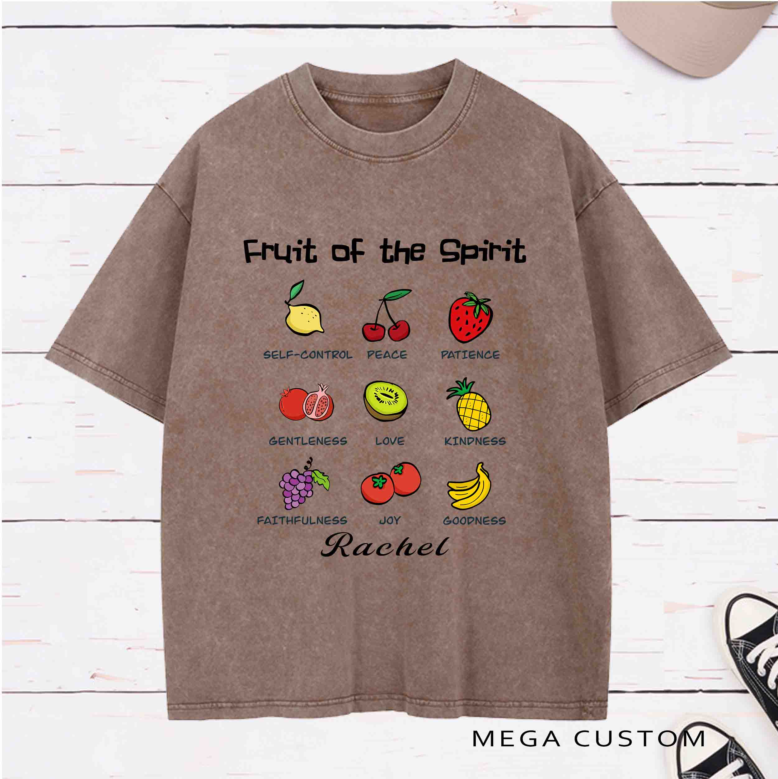 Personalized Character Fruit of the Spirit Washed T-Shirt with Name Birthday Easter Gift for Christian