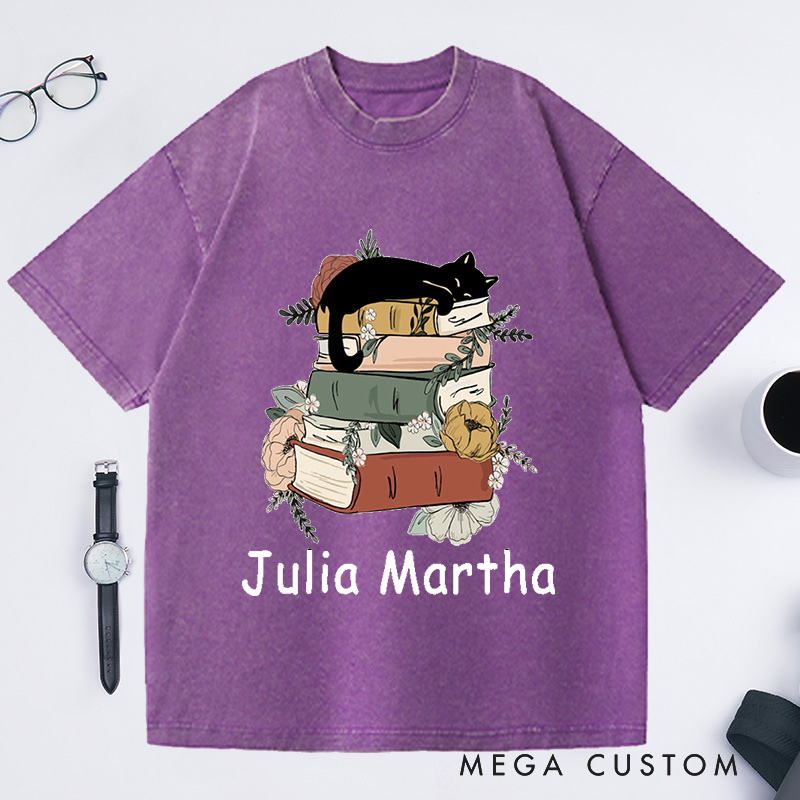 Personalized Books and Cats Washed T-Shirts Reading Shirt Cat Lover T-Shirt