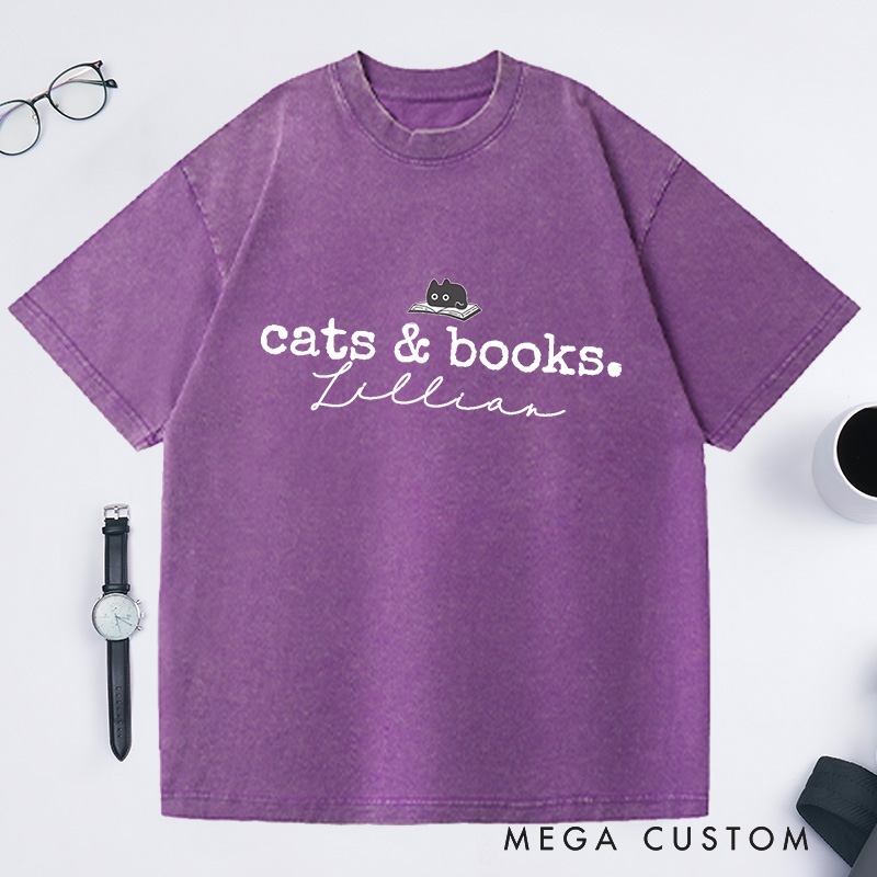 Personalized Cats and Books Washed T-Shirts Book Lover T-shirt Bookish Tee Reading T-Shirt Gift for Cat Lover