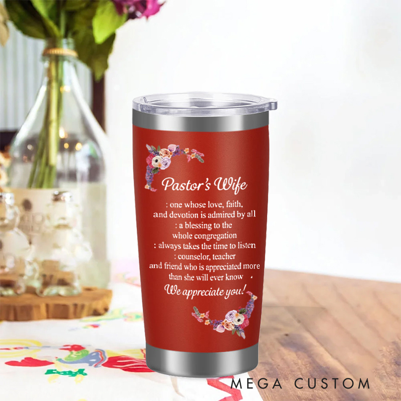 Personalized Pastor's Wife We Appreciate You Bible Verse 20oz Tumbler with Name Stainless Steel Insulated Travel Mug Christian Gift 