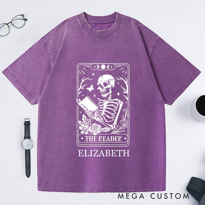 Personalized The Reader Tarot Card Front And Back Printing Washed T-Shirts Skeleton Reading T-shirt Book Lover Gift Book Lover Tee Tarot Card Shirt