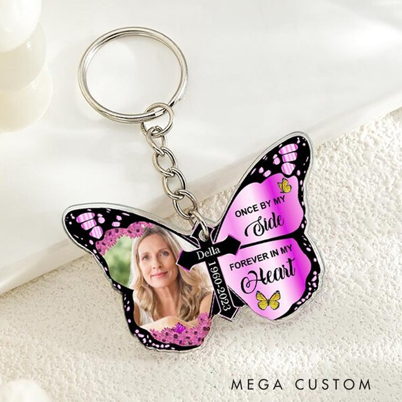 Personalized Photo Memorial Keychain Butterfly Keychain Once By My Side Forever in My Heart Cross Keychain Memorial Gift for Loss of Loved One 