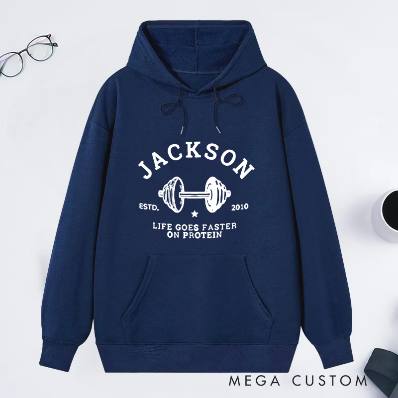 Personalized Fiitness Classic Hoodies with Dumbbell and Protein Quote for Fitness Enthusiasts Bodybuilders and Gym Lovers