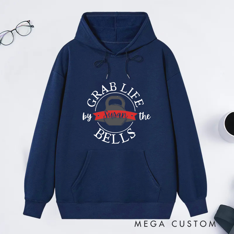 Personalized Kettlebell Classic Hoodies with Grab Life by the Bells for Fitness Enthusiasts Bodybuilders and Gym Lovers