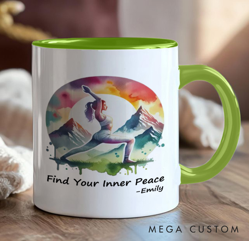 Personalized Yoga Mug with Nature Scene Artistic Design Custom Name Perfect Gift for Yoga Lover