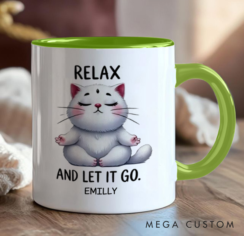 Personalized Cat Mug with Relaxing Meditation Design Custom Name Perfect Gift for Yoga Lover and Cat Lover