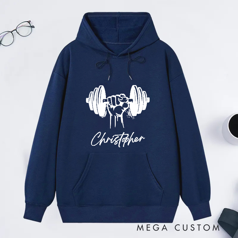 Personalized Fitness Classic Hoodies with Dumbbell Hand Design for Fitness Enthusiasts Bodybuilders and Gym Lovers