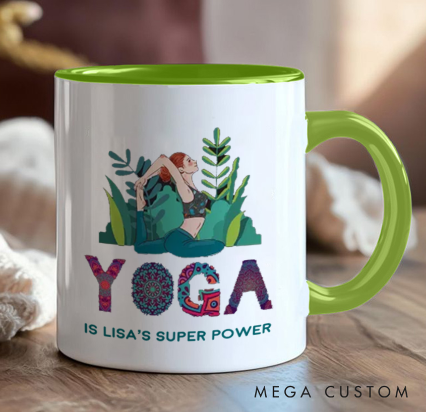 Personalized Yoga Mug with Vibrant Yoga Poses and Natural Elements Custom Name Perfect Gift for Yoga Lover