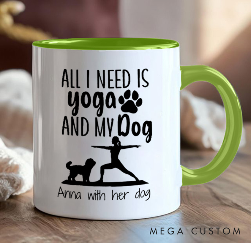 Personalized Yoga Mug with Yoga Pose Silhouettes and Cute Dog Patterns Custom Name Perfect Gift for Yoga Lover and Pet Lover