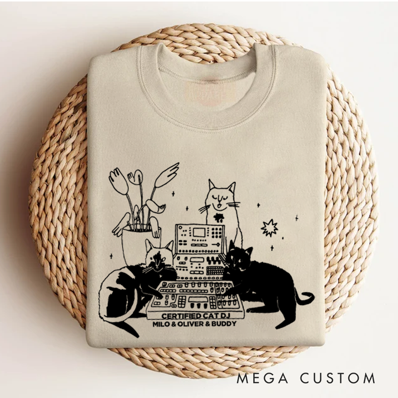 Personalized Classic Sweatshirts with Cat Sitting on Synthesizer and DJ Cat Illustration and Available in Multiple Colors