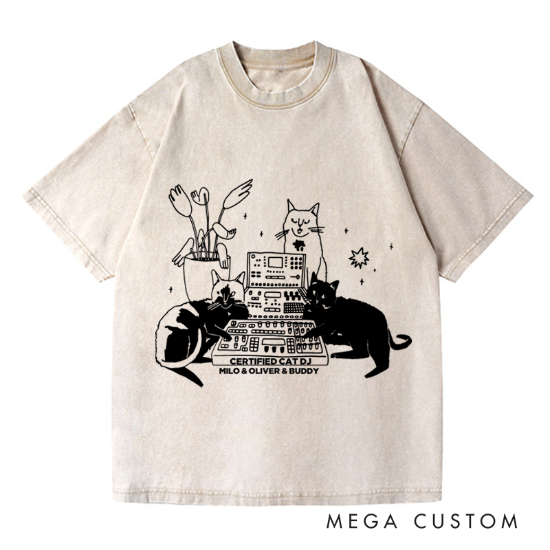 Personalized Washed T-Shirts with Cat Sitting on Synthesizer and DJ Cat Illustration and Available in Multiple Colors