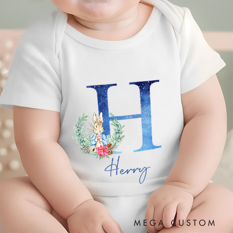 Personalized Blue Rabbit Initial Baby Onesie New Boy Gift Coming Home Gift