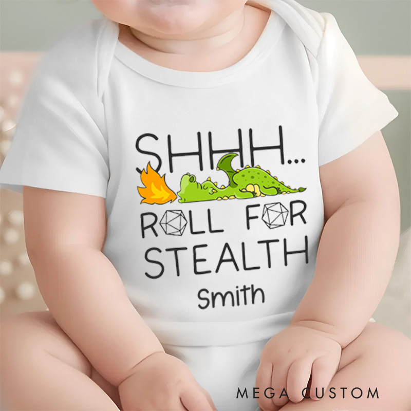 Personalized Shhh... Roll for Stealth Fun Dragon and Dice Gaming Design Baby Onesie