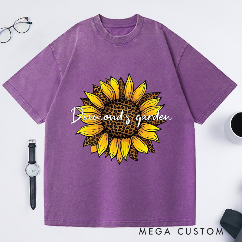 Personalized Leopard Sunflower Washed T-Shirts Sunflower Shirt Leopard And Floral Shirt Flower Shirt Botanical Print Shirt