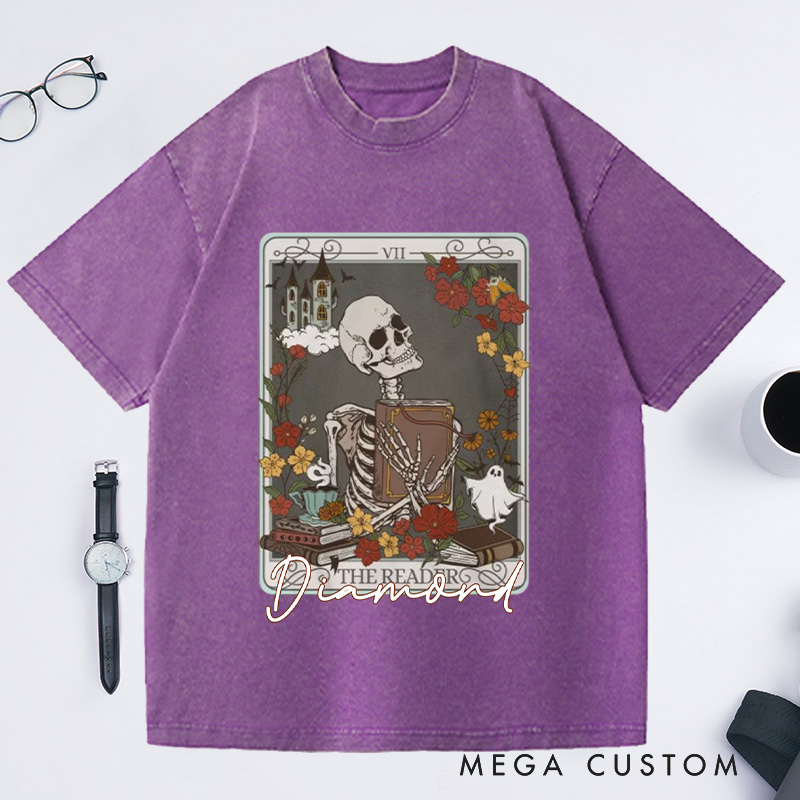 Personalized the Reader Tarot Card Crewneck Washed T-Shirts Skeleton Shirt Book Lover Shirt Bookish Shirt Librarian Shirt Reading Shirt