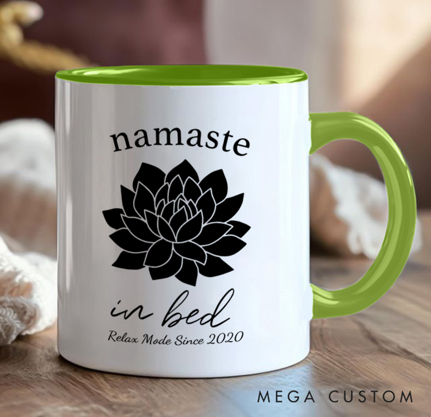 Personalized Namaste in Bed Mug with Elegant Lotus Design Custom Name Perfect Gift for Yoga Lover